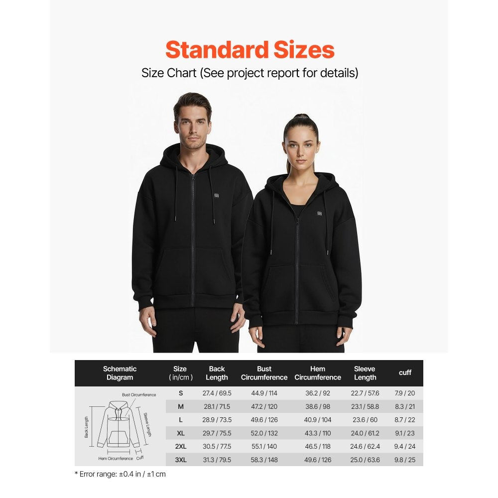 VEVOR Heated Jacket Hoodie for Men Women, Heated Sweatshirt Unisex Full-Zip with 7.4V 16000mAh Power Bank Pack, 5 Heating Zones, 3 Temp Levels, 4-8H Warmth, for Winter Outdoor Camping, Black, L Size