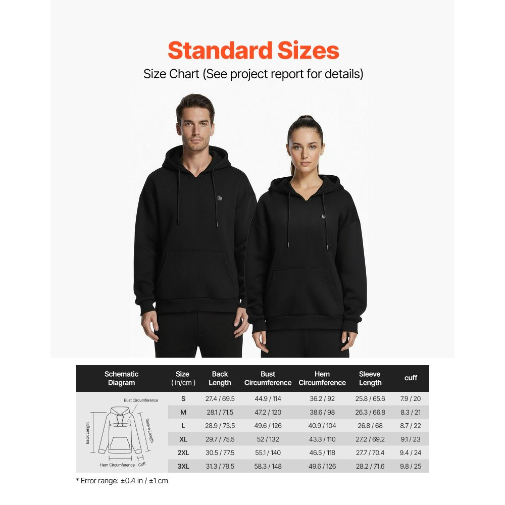 VEVOR Heated Sweatshirt Hoodie for Men Women, Heated Jacket Unisex with 7.4V 16000mAh Rechargeable Power Bank Pack, 5 Heating Zones, 3 Temp Levels, 4-8H Warmth, for Winter Outdoor Camping, Black, L Size