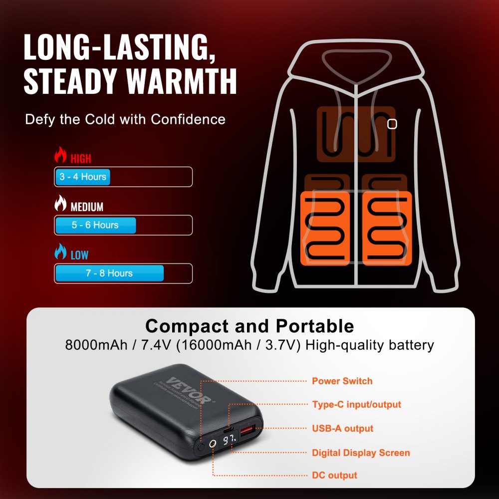 VEVOR Heated Hoodie, Unisex Heated Sweatshirt with Battery Pack 7.4V, Zip Up Electric Jacket with 5 Heating Zones for Men & Women, Lightweight Warm Heated Outdoor Pullover for Camping, XL Size Black