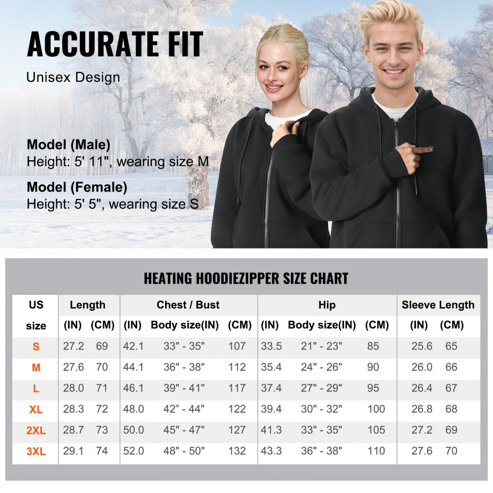 VEVOR Heated Hoodie, Unisex Heated Sweatshirt with Battery Pack 7.4V, Zip Up Electric Jacket with 5 Heating Zones for Men & Women, Lightweight Warm Heated Outdoor Pullover for Camping, XL Size Black