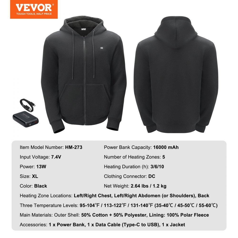VEVOR Heated Hoodie, Unisex Heated Sweatshirt with Battery Pack 7.4V, Zip Up Electric Jacket with 5 Heating Zones for Men & Women, Lightweight Warm Heated Outdoor Pullover for Camping, XL Size Black