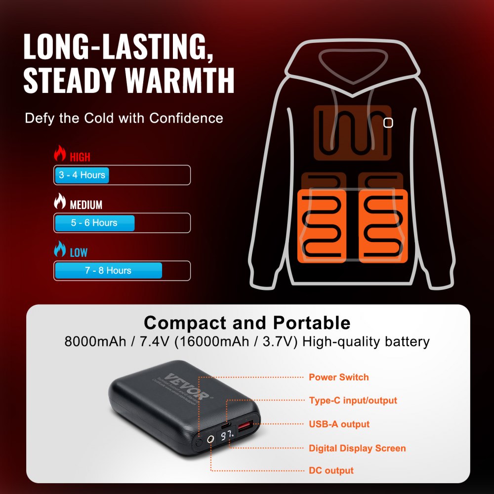 VEVOR Heated Hoodie, Unisex Heated Sweatshirt with Battery Pack 7.4V, Electric Jacket with 5 Heating Zones for Men & Women, Lightweight Warm Heated Outdoor Pullover for Fishing Camping, M Size Black