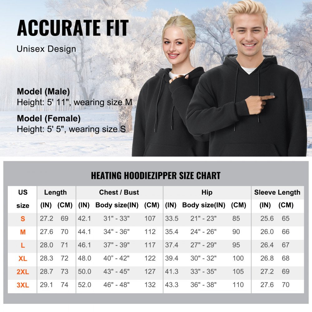 VEVOR Heated Hoodie, Unisex Heated Sweatshirt with Battery Pack 7.4V, Electric Jacket with 5 Heating Zones for Men & Women, Lightweight Warm Heated Outdoor Pullover for Fishing Camping, M Size Black