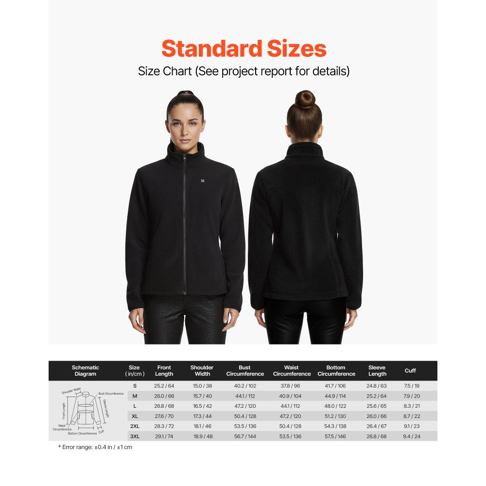 VEVOR Heated Fleece Jacket for Women, Heated Sweatshirt with 7.4V 16000mAh Rechargeable Power Bank Pack, 6 Heating Zones, 3 Temp Levels, 3h/6h/10h Warmth, for Winter Outdoor Camping, Black, L Size