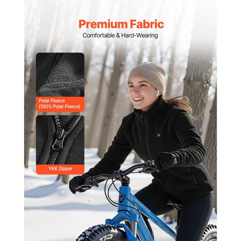VEVOR Heated Fleece Jacket for Women, Heated Sweatshirt with 7.4V 16000mAh Rechargeable Power Bank Pack, 6 Heating Zones, 3 Temp Levels, 3h/6h/10h Warmth, for Winter Outdoor Camping, Black, M Size