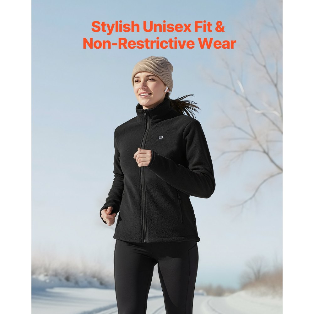 VEVOR Heated Fleece Jacket for Women, Heated Sweatshirt with 7.4V 16000mAh Rechargeable Power Bank Pack, 6 Heating Zones, 3 Temp Levels, 3h/6h/10h Warmth, for Winter Outdoor Camping, Black, M Size
