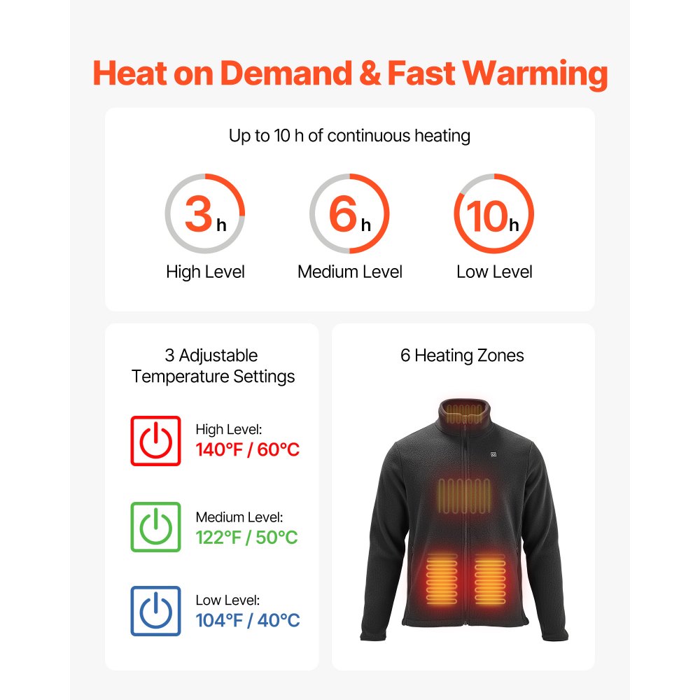 VEVOR Heated Fleece Jacket for Men, Heated Sweatshirt with 7.4V 16000mAh Rechargeable Power Bank Pack, 6 Heating Zones, 3 Temp Levels, 3h/6h/10h Warmth, for Winter Outdoor Camping, Black, XXXL Size
