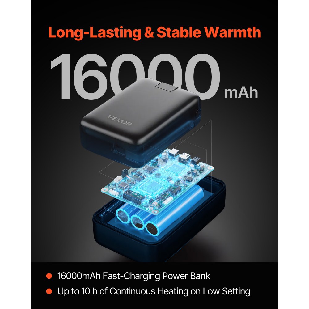 VEVOR Heated Fleece Jacket for Men, Heated Sweatshirt with 7.4V 16000mAh Rechargeable Power Bank Pack, 6 Heating Zones, 3 Temp Levels, 3h/6h/10h Warmth, for Winter Outdoor Camping, Black, XXXL Size