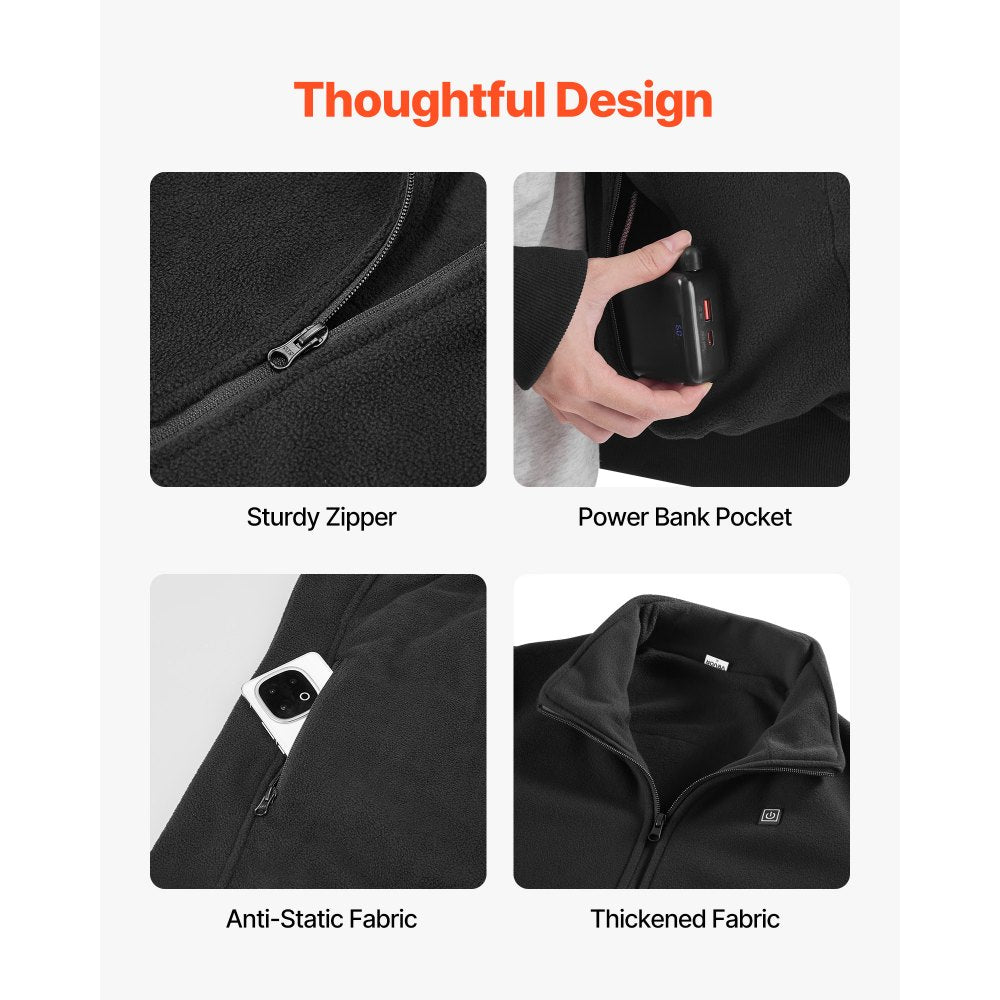 VEVOR Heated Fleece Jacket for Men, Heated Sweatshirt with 7.4V 16000mAh Rechargeable Power Bank Pack, 6 Heating Zones, 3 Temp Levels, 3h/6h/10h Warmth, for Winter Outdoor Camping, Black, XXXL Size