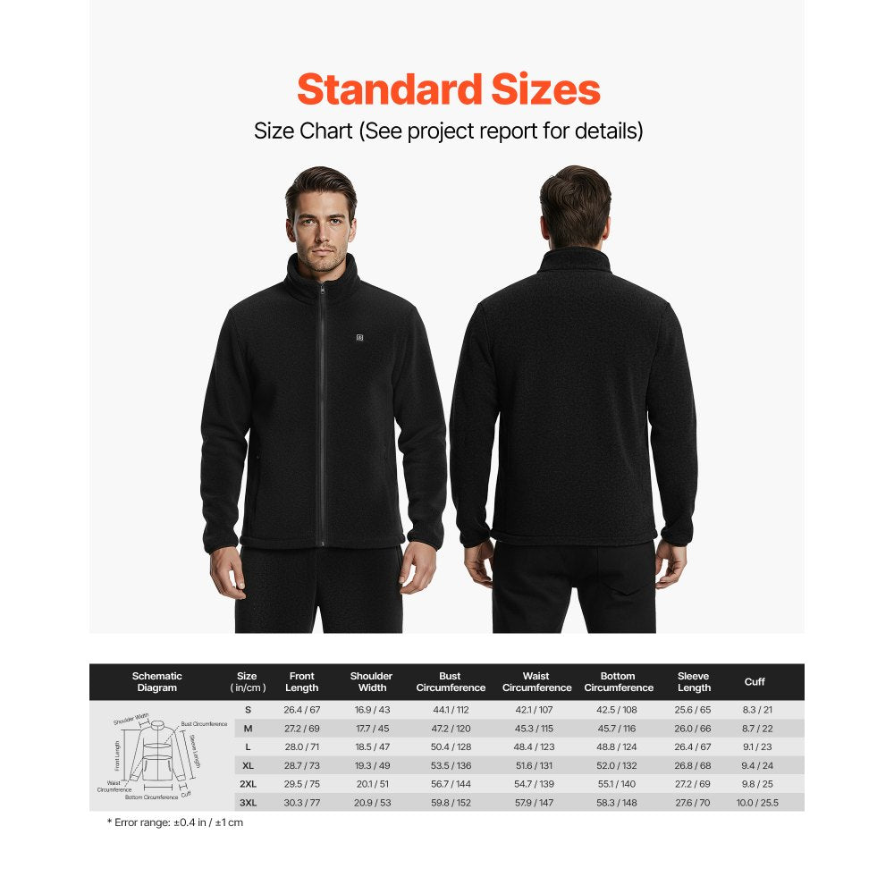 VEVOR Heated Fleece Jacket for Men, Heated Sweatshirt with 7.4V 16000mAh Rechargeable Power Bank Pack, 6 Heating Zones, 3 Temp Levels, 3h/6h/10h Warmth, for Winter Outdoor Camping, Black, XXXL Size
