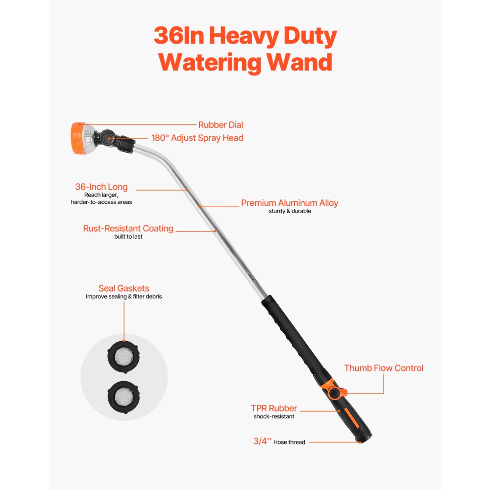 VEVOR Watering Wand, 36-Inch Extra Long Heavy Duty Garden Hose Wand with 8 Spray Patterns & 180° Swivel Head, Long Hose Nozzle Sprayer with on/off Thumb Control, Ideal for Hanging Baskets, Shrubs, Lawn