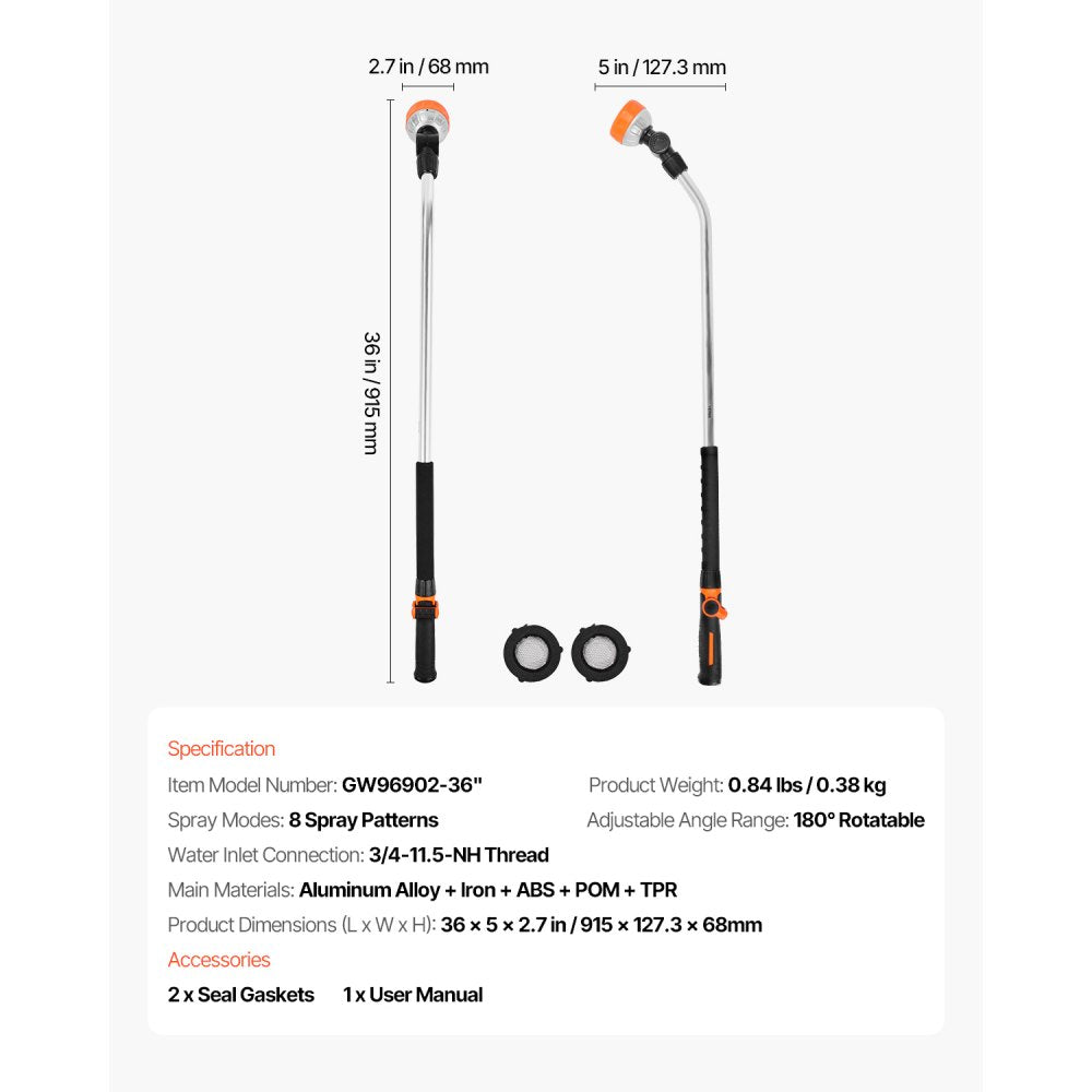 VEVOR Watering Wand, 36-Inch Extra Long Heavy Duty Garden Hose Wand with 8 Spray Patterns & 180° Swivel Head, Long Hose Nozzle Sprayer with on/off Thumb Control, Ideal for Hanging Baskets, Shrubs, Lawn