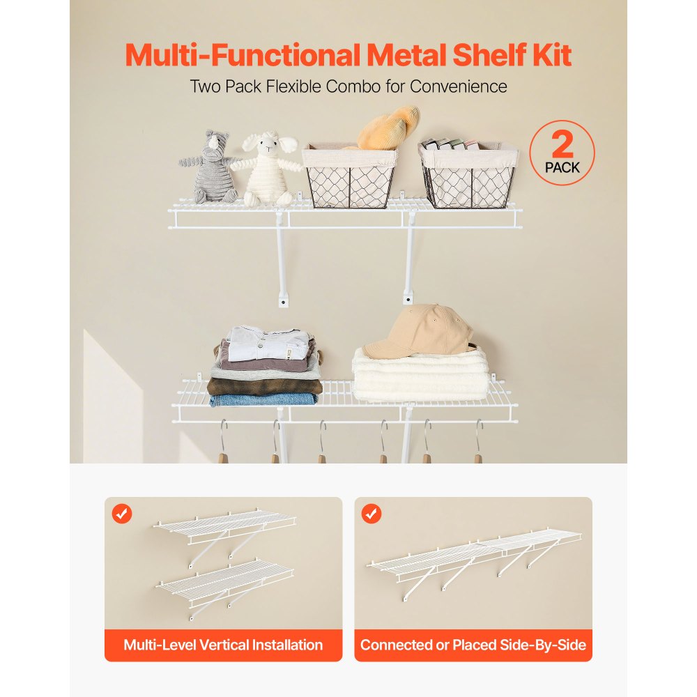 VEVOR Wire Shelf Kit, 3 ft, Set of 2, Wall Mounted Wire Shelves, Heavy-Duty Carbon Steel Hanging Shelf, Floating Wall Storage Shelves with Dip Coating, for Closet, Bedroom, Living Room, Office, Pantry