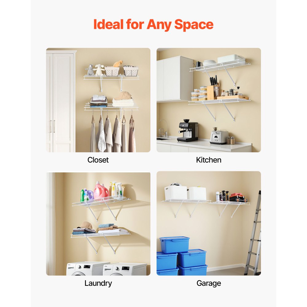 VEVOR Wire Shelf Kit, 3 ft, Set of 2, Wall Mounted Wire Shelves, Heavy-Duty Carbon Steel Hanging Shelf, Floating Wall Storage Shelves with Dip Coating, for Closet, Bedroom, Living Room, Office, Pantry