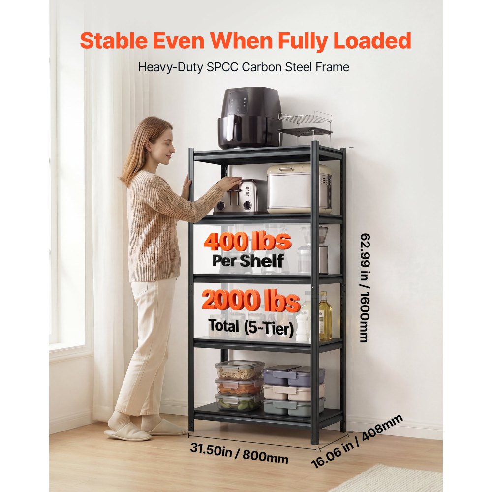 VEVOR Storage Shelves 5-Tier Adjustable Garage Shelving 2000 lbs Capacity, for Kitchen Pantry Basement Bathroom, 31.5" W x 16.06" D x 62.99" H, Heavy Duty Metal Utility Rack Shelf, Carbon Steel Frame