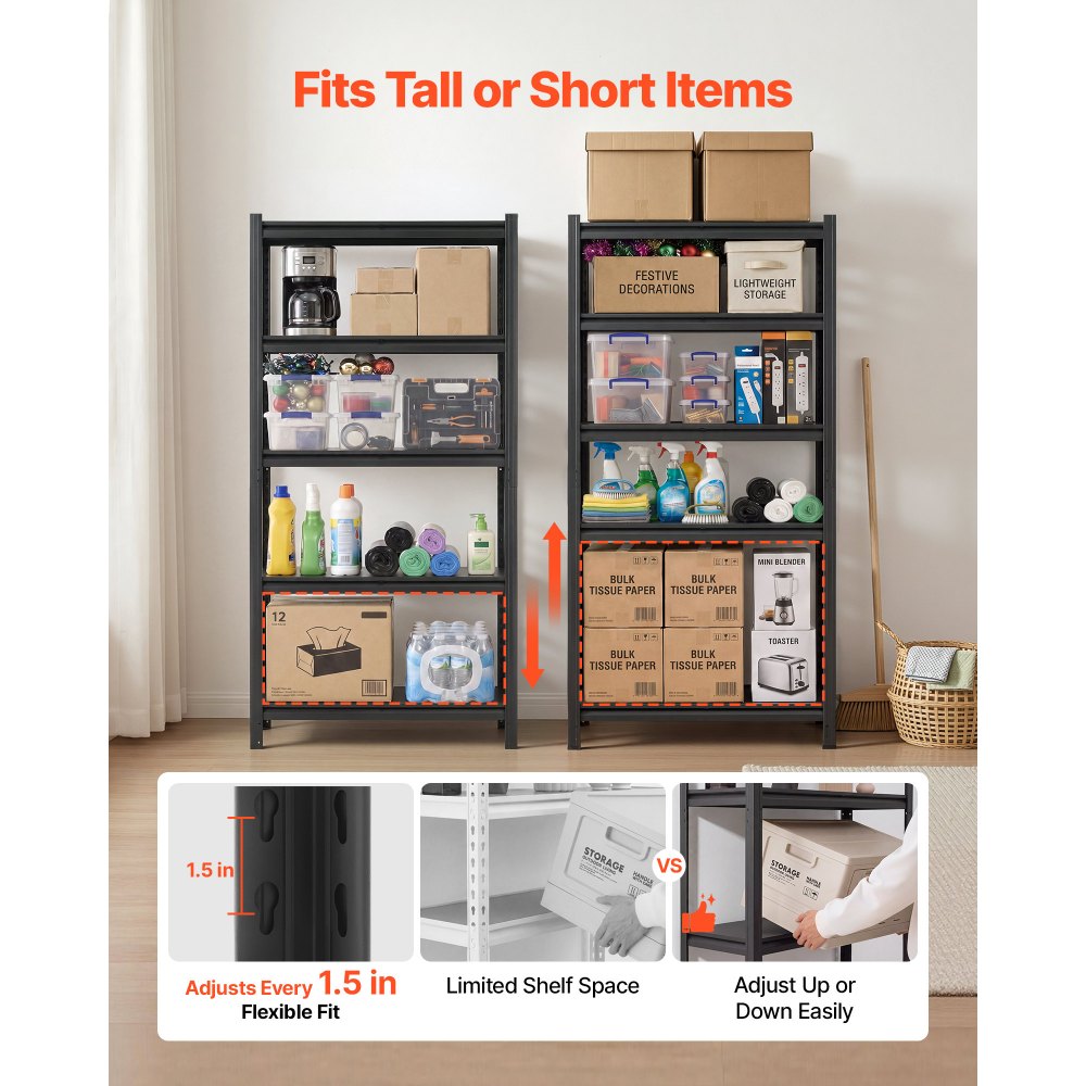 VEVOR Storage Shelves 5-Tier Adjustable Garage Shelving 2000 lbs Capacity, for Kitchen Pantry Basement Bathroom, 31.5" W x 16.06" D x 62.99" H, Heavy Duty Metal Utility Rack Shelf, Carbon Steel Frame