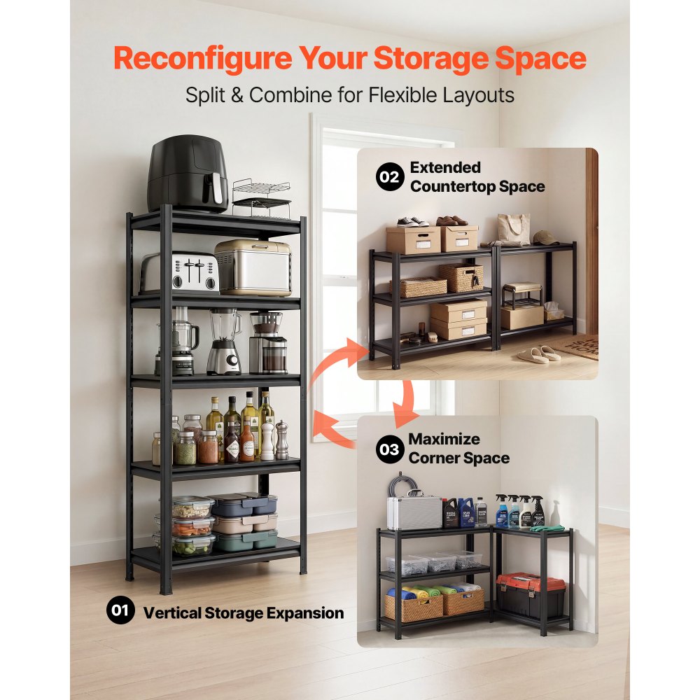 VEVOR Storage Shelves 5-Tier Adjustable Garage Shelving 2000 lbs Capacity, for Kitchen Pantry Basement Bathroom, 31.5" W x 16.06" D x 62.99" H, Heavy Duty Metal Utility Rack Shelf, Carbon Steel Frame