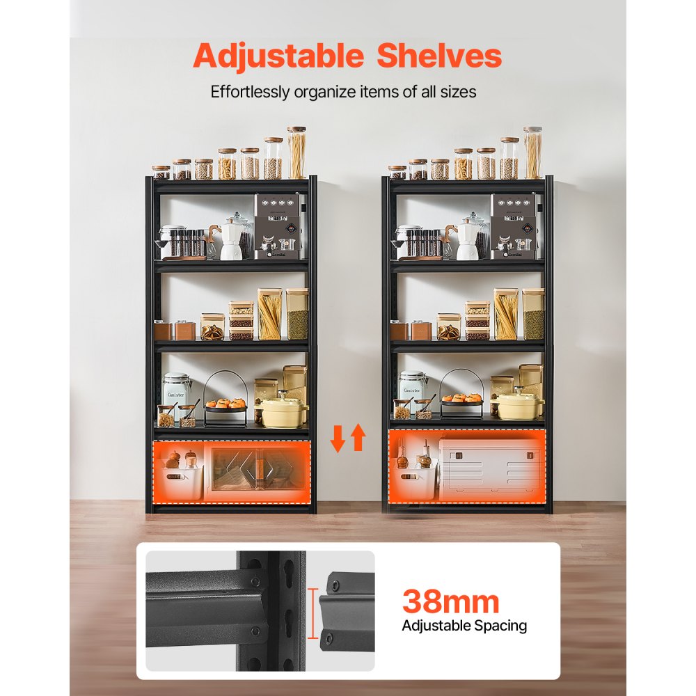 VEVOR Storage Shelves, 2000 lbs, 5 Tier Garage Storage Shelving, 16" D x 32" W x 63" H Adjustable Metal Shelves for Garage Shelves Utility Rack Shelf, Ideal for Kitchen, Warehouse, Basement, Black