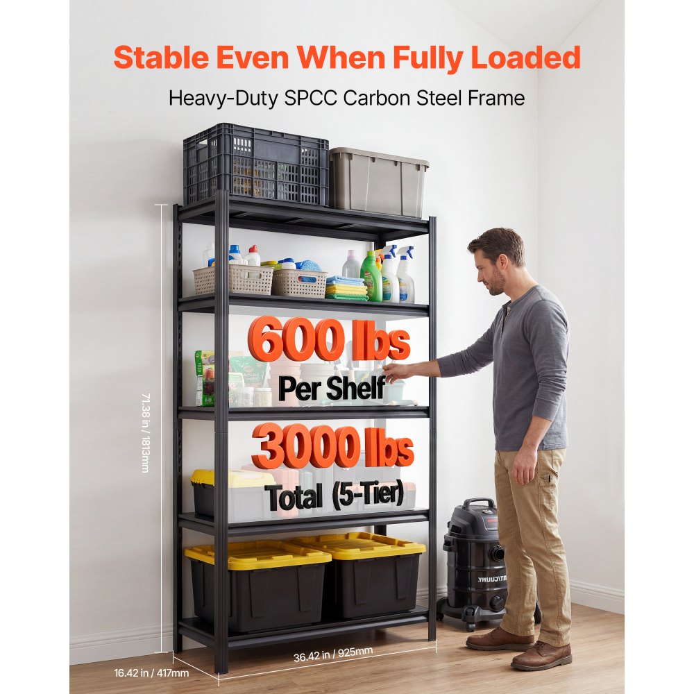 VEVOR Storage Shelves, 5-Tier Adjustable, 3000 lbs Capacity, Heavy Duty Garage Storage Shelving Unit, Metal Utility Rack Shelf, for Garage Warehouse Basement Kitchen, 36.42" W x 16.42" D x 71.38" H