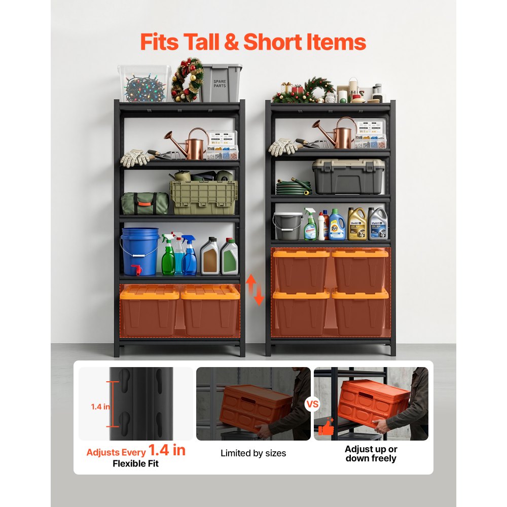 VEVOR Storage Shelves, 5-Tier Adjustable, 3000 lbs Capacity, Heavy Duty Garage Storage Shelving Unit, Metal Utility Rack Shelf, for Garage Warehouse Basement Kitchen, 36.42" W x 16.42" D x 71.38" H