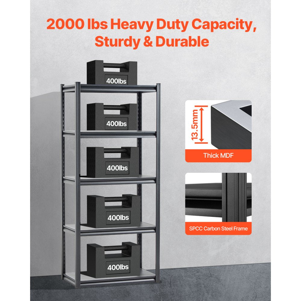 VEVOR Storage Shelves, 2000 lbs, 5 Tier Garage Storage Shelving, 18" D x 32" W x 72" H Adjustable Metal Shelves for Garage Shelves Utility Rack Shelf, Ideal for Kitchen, Warehouse, Basement, Black