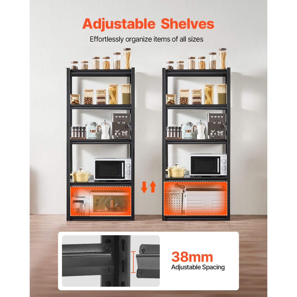 VEVOR Storage Shelves, 2000 lbs, 5 Tier Garage Storage Shelving, 18" D x 32" W x 72" H Adjustable Metal Shelves for Garage Shelves Utility Rack Shelf, Ideal for Kitchen, Warehouse, Basement, Black
