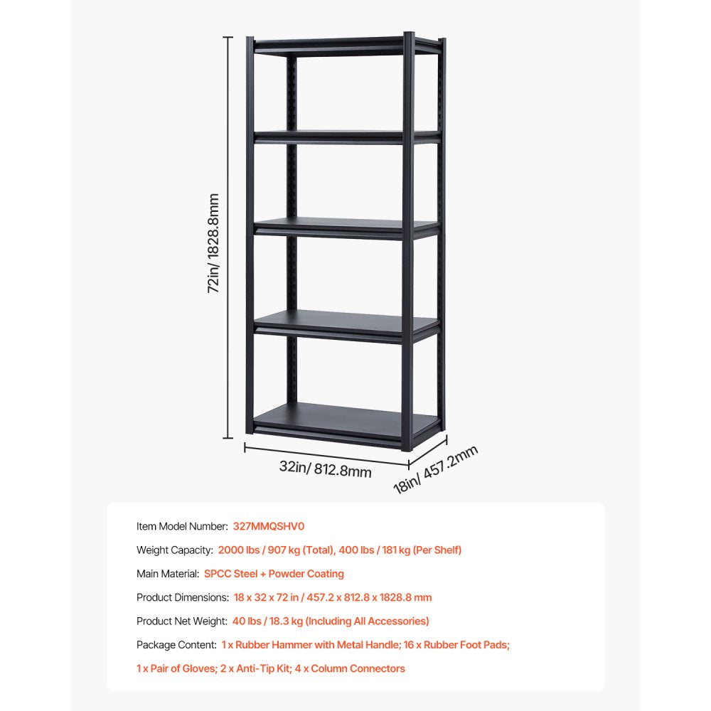 VEVOR Storage Shelves, 2000 lbs, 5 Tier Garage Storage Shelving, 18" D x 32" W x 72" H Adjustable Metal Shelves for Garage Shelves Utility Rack Shelf, Ideal for Kitchen, Warehouse, Basement, Black