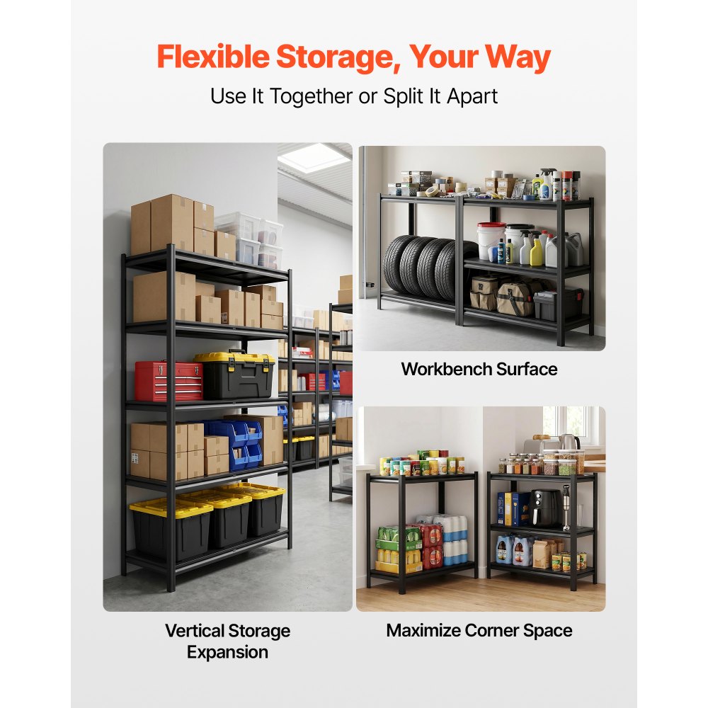 VEVOR Storage Shelves, 5-Tier Adjustable, 3000 lbs Capacity, Heavy Duty Garage Storage Shelving Unit, Metal Utility Rack Shelf, for Garage Warehouse Basement Kitchen, 40.55" W x 18.31" D x 71.38" H