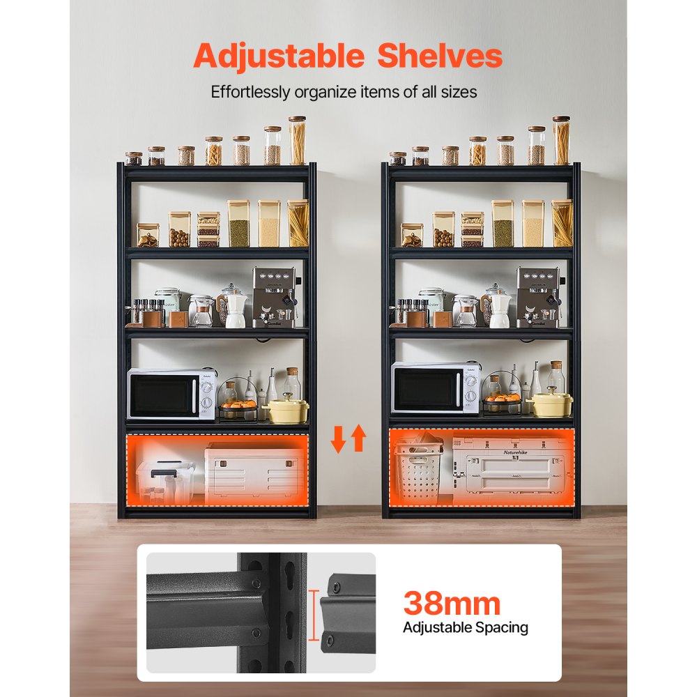 VEVOR Storage Shelves, 2000 lbs, 5 Tier Garage Storage Shelving, 18" D x 40" W x 72" H Adjustable Metal Shelves for Garage Shelves Utility Rack Shelf, Ideal for Kitchen, Warehouse, Basement, Black