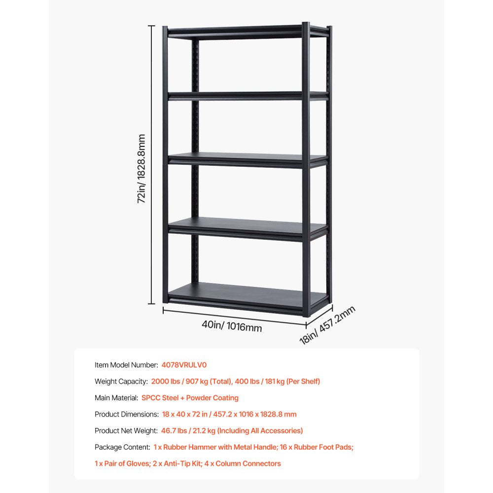 VEVOR Storage Shelves, 2000 lbs, 5 Tier Garage Storage Shelving, 18" D x 40" W x 72" H Adjustable Metal Shelves for Garage Shelves Utility Rack Shelf, Ideal for Kitchen, Warehouse, Basement, Black