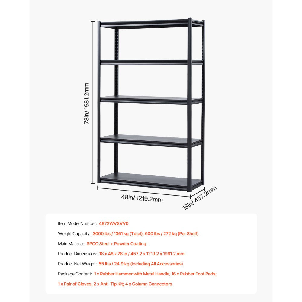 VEVOR Storage Shelves, 3000 lbs, 5 Tier Garage Storage Shelving, 18" D x 48" W x 78" H Adjustable Metal Shelves for Garage Shelves Utility Rack Shelf, Ideal for Kitchen, Warehouse, Basement, Black
