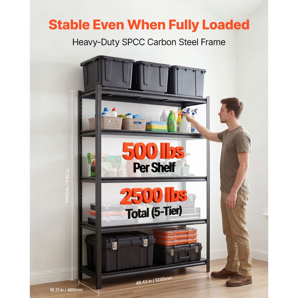 VEVOR Storage Shelves, 5-Tier Adjustable, 2500 lbs Capacity, Heavy Duty Garage Storage Shelving Unit, Metal Utility Rack Shelf, for Garage Warehouse Basement Kitchen, 48.43" W x 18.31" D x 71.38" H