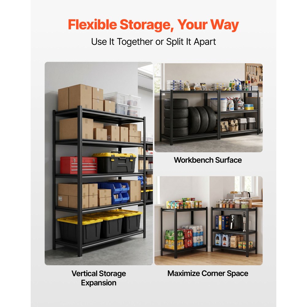 VEVOR Storage Shelves, 5-Tier Adjustable, 2500 lbs Capacity, Heavy Duty Garage Storage Shelving Unit, Metal Utility Rack Shelf, for Garage Warehouse Basement Kitchen, 48.43" W x 18.31" D x 71.38" H