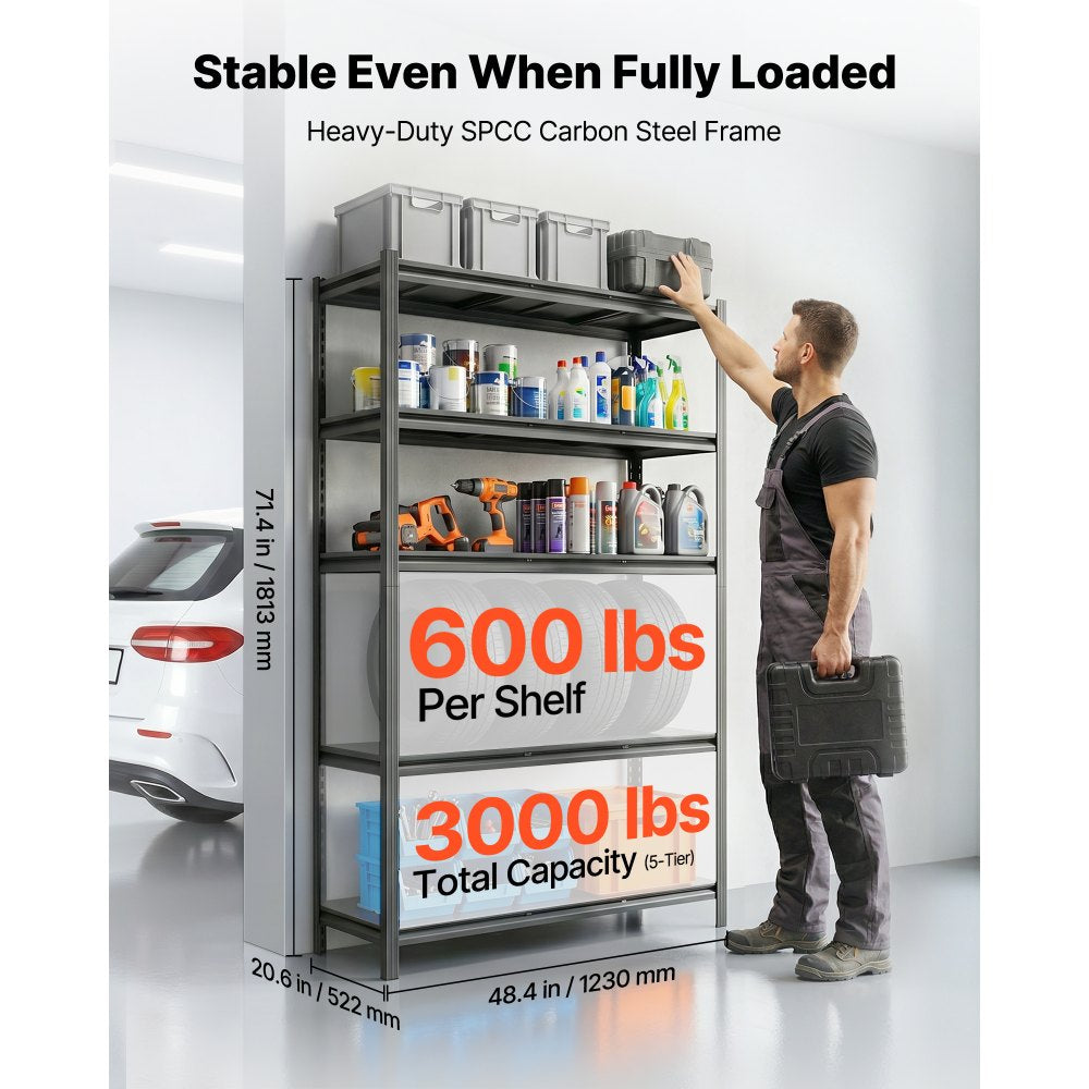 VEVOR Storage Shelves, 5-Tier Adjustable, 3000 lbs Capacity, Heavy Duty Garage Storage Shelving Unit, Metal Utility Rack Shelf, for Garage Workshop Warehouse Basement, 48.43" W x 20.55" D x 71.38" H