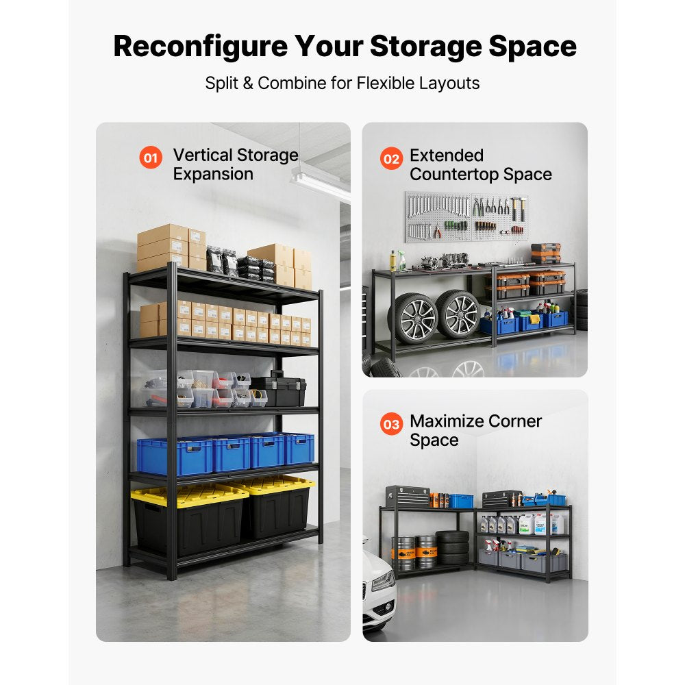 VEVOR Storage Shelves, 5-Tier Adjustable, 3000 lbs Capacity, Heavy Duty Garage Storage Shelving Unit, Metal Utility Rack Shelf, for Garage Workshop Warehouse Basement, 48.43" W x 20.55" D x 71.38" H
