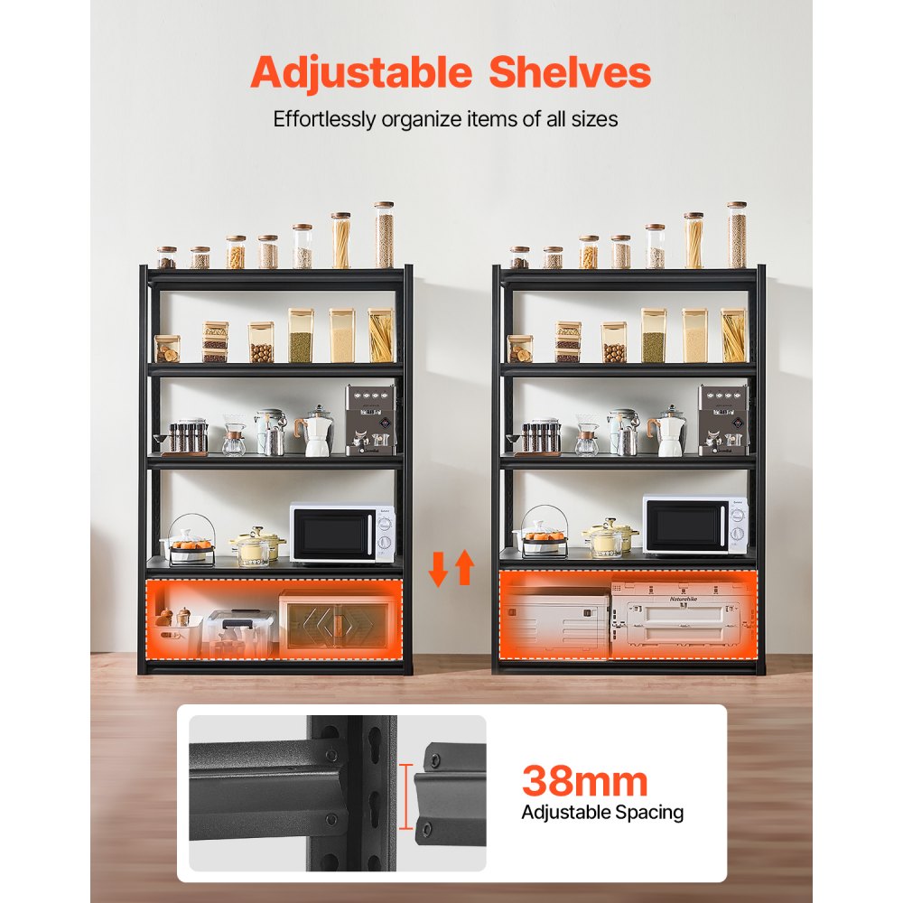 VEVOR Storage Shelves, 3000 lbs, 5 Tier Garage Storage Shelving, 24" D x 48" W x 72" H Adjustable Metal Shelves for Garage Shelves Utility Rack Shelf, Ideal for Kitchen, Warehouse, Basement, Black