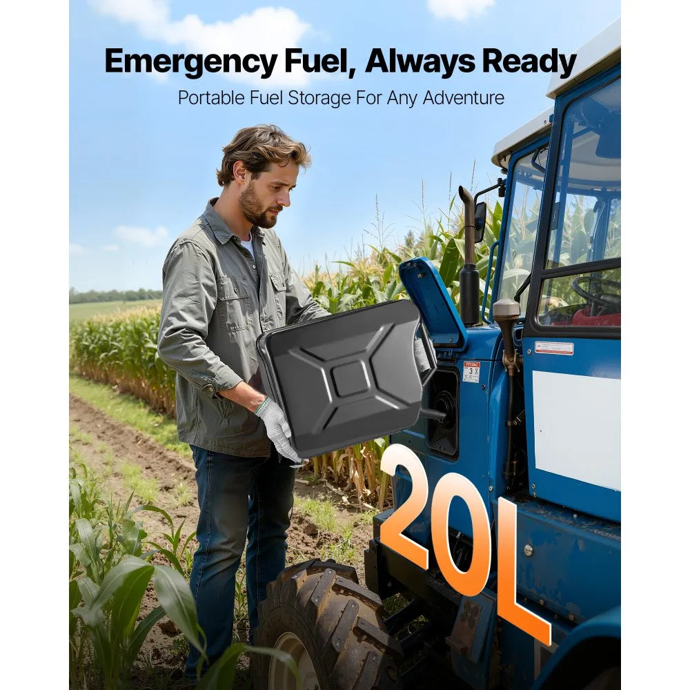 Newly Upgraded Oil-Tight！VEVOR Metal Fuel Container, 5.3 Gallon, Fuel Jerry Can with Spout and Comfort Handle, 6 L/min Max Flow Rate, Leakproof & Corrosion-resistant Metal Gas Tank Most Cars Motorcycle ATV UTV, Black