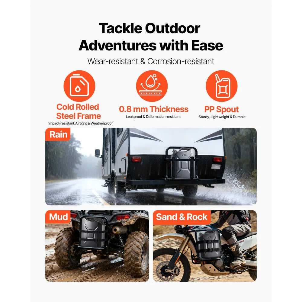 Newly Upgraded Oil-Tight！VEVOR Metal Fuel Container, 5.3 Gallon, Fuel Jerry Can with Spout and Comfort Handle, 6 L/min Max Flow Rate, Leakproof & Corrosion-resistant Metal Gas Tank Most Cars Motorcycle ATV UTV, Black