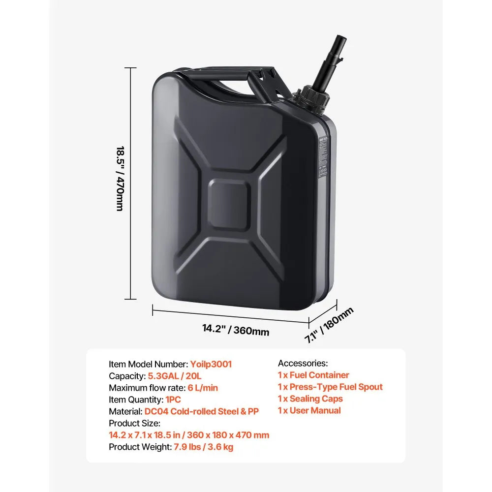 Newly Upgraded Oil-Tight！VEVOR Metal Fuel Container, 5.3 Gallon, Fuel Jerry Can with Spout and Comfort Handle, 6 L/min Max Flow Rate, Leakproof & Corrosion-resistant Metal Gas Tank Most Cars Motorcycle ATV UTV, Black