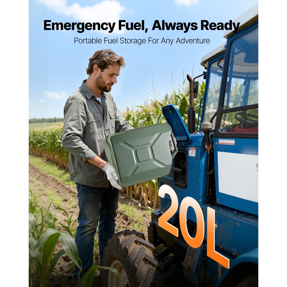 Newly Upgraded Oil-Tight！VEVOR Metal Fuel Container, 5.3 Gallon, Fuel Jerry Can with Spout and Comfort Handle, 6 L/min Max Flow Rate, Leakproof & Corrosion-resistant Metal Gas Tank Most Cars Motorcycle ATV UTV, Green