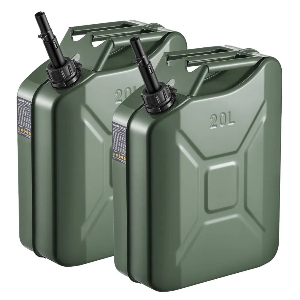 Newly Upgraded Oil-Tight！VEVOR Metal Fuel Container, 5.3 Gallon, Fuel Jerry Can with Spout and Comfort Handle, 6 L/min Max Flow Rate, Leakproof & Corrosion-resistant Metal Gas Tank Most Cars Motorcycle ATV UTV, Green, 2 Packs