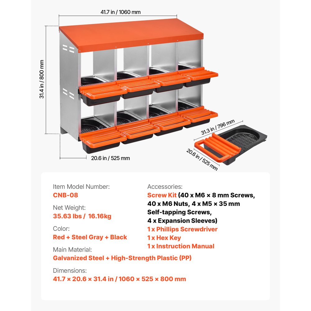 VEVOR 2 Tiers Chicken Nesting Boxes, 8 Compartments, Metal Egg Laying Boxes with Protective Collection Lids, Roll Out Nesting Box, Easy to Assemble, Ideal for Hens, Ducks, Chickens, and Other Poultry