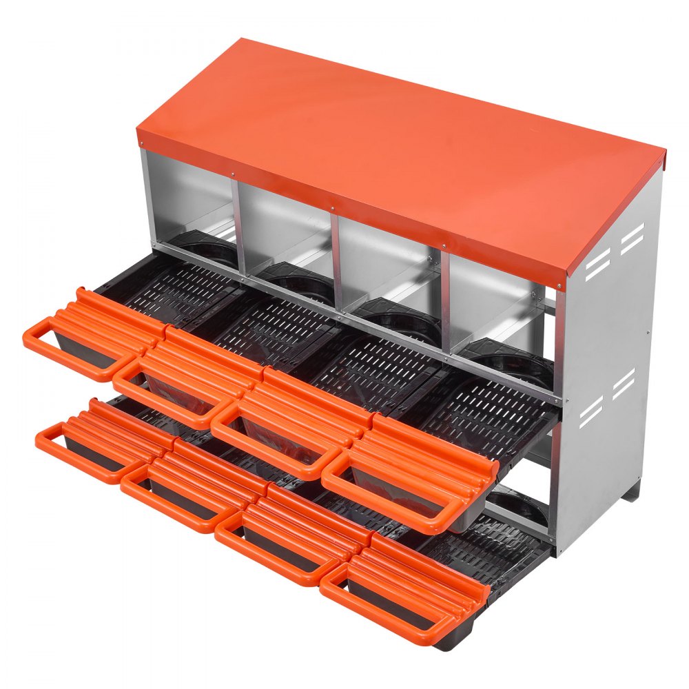 VEVOR 2 Tiers Chicken Nesting Boxes, 8 Compartments, Metal Egg Laying Boxes with Protective Collection Lids, Roll Out Nesting Box, Easy to Assemble, Ideal for Hens, Ducks, Chickens, and Other Poultry