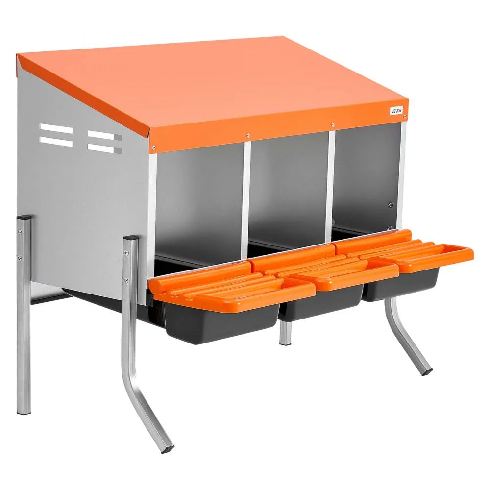 VEVOR Chicken Nesting Boxes, 3 Compartments, with Support Legs, Easy Egg Collection, Galvanized Steel and High-Strength Plastic, Roll Away Nesting Boxes for Chickens and Hens Laying Eggs, Orange