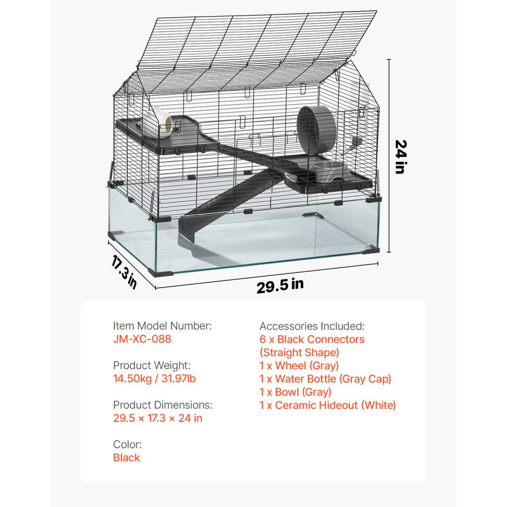 VEVOR Hamster Cage, 360° Viewing Transparent Hamster Habitats, Small Animal Cage, 29.5 x 17.3 x 24 in, Ventilated Pet Mouse Cages with Water Bottle, Portable Hamster House for Rats, Guinea Pigs