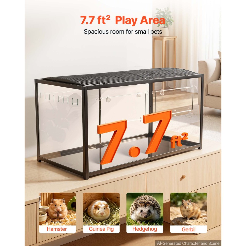 VEVOR Hamster Cage 47.2"x23.6"x25.4" 360° Viewing Metal Hamster Habitat, Transparent Small Animal Cage with Top Access & Front Door, Large Portable Pet House for Guinea Pig, Gerbil (7.7 ft², Black)