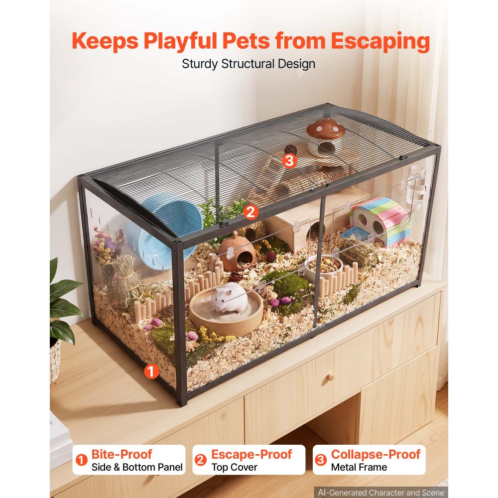 VEVOR Hamster Cage 47.2"x23.6"x25.4" 360° Viewing Metal Hamster Habitat, Transparent Small Animal Cage with Top Access & Front Door, Large Portable Pet House for Guinea Pig, Gerbil (7.7 ft², Black)