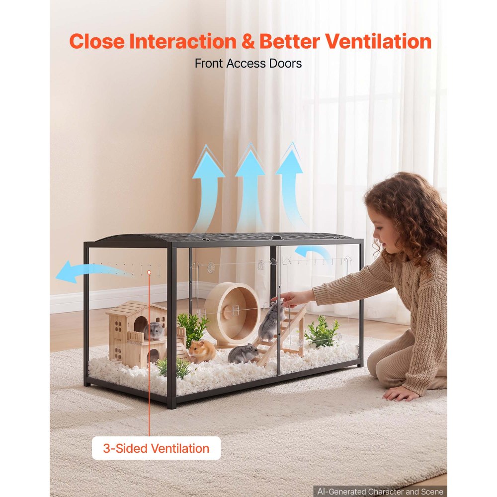 VEVOR Hamster Cage 47.2"x23.6"x25.4" 360° Viewing Metal Hamster Habitat, Transparent Small Animal Cage with Top Access & Front Door, Large Portable Pet House for Guinea Pig, Gerbil (7.7 ft², Black)