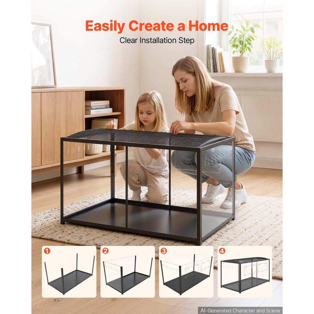 VEVOR Hamster Cage 47.2"x23.6"x25.4" 360° Viewing Metal Hamster Habitat, Transparent Small Animal Cage with Top Access & Front Door, Large Portable Pet House for Guinea Pig, Gerbil (7.7 ft², Black)