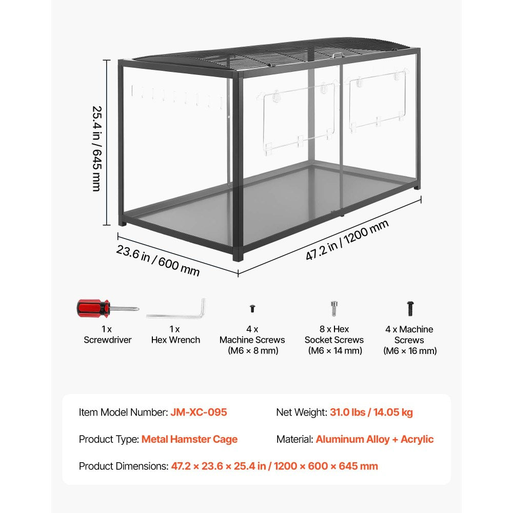 VEVOR Hamster Cage 47.2"x23.6"x25.4" 360° Viewing Metal Hamster Habitat, Transparent Small Animal Cage with Top Access & Front Door, Large Portable Pet House for Guinea Pig, Gerbil (7.7 ft², Black)